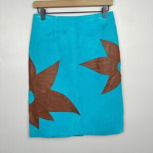 Vintage Metrostyle Suede‎ Skirt Womens 4 Blue Brown Flower Print Western Y2K